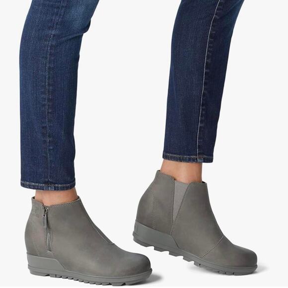 Sorel Size 8.5 Quarry/Sea Salt Evie Zip Leather Wedge Bootie Waterproof P24-13 - Picture 1 of 10